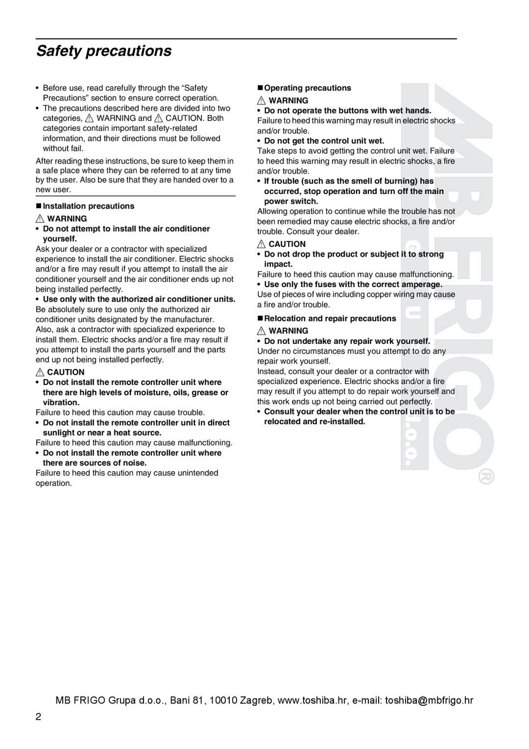 Toshiba RBC-AMS41E owner manual Safety precautions, Impact 