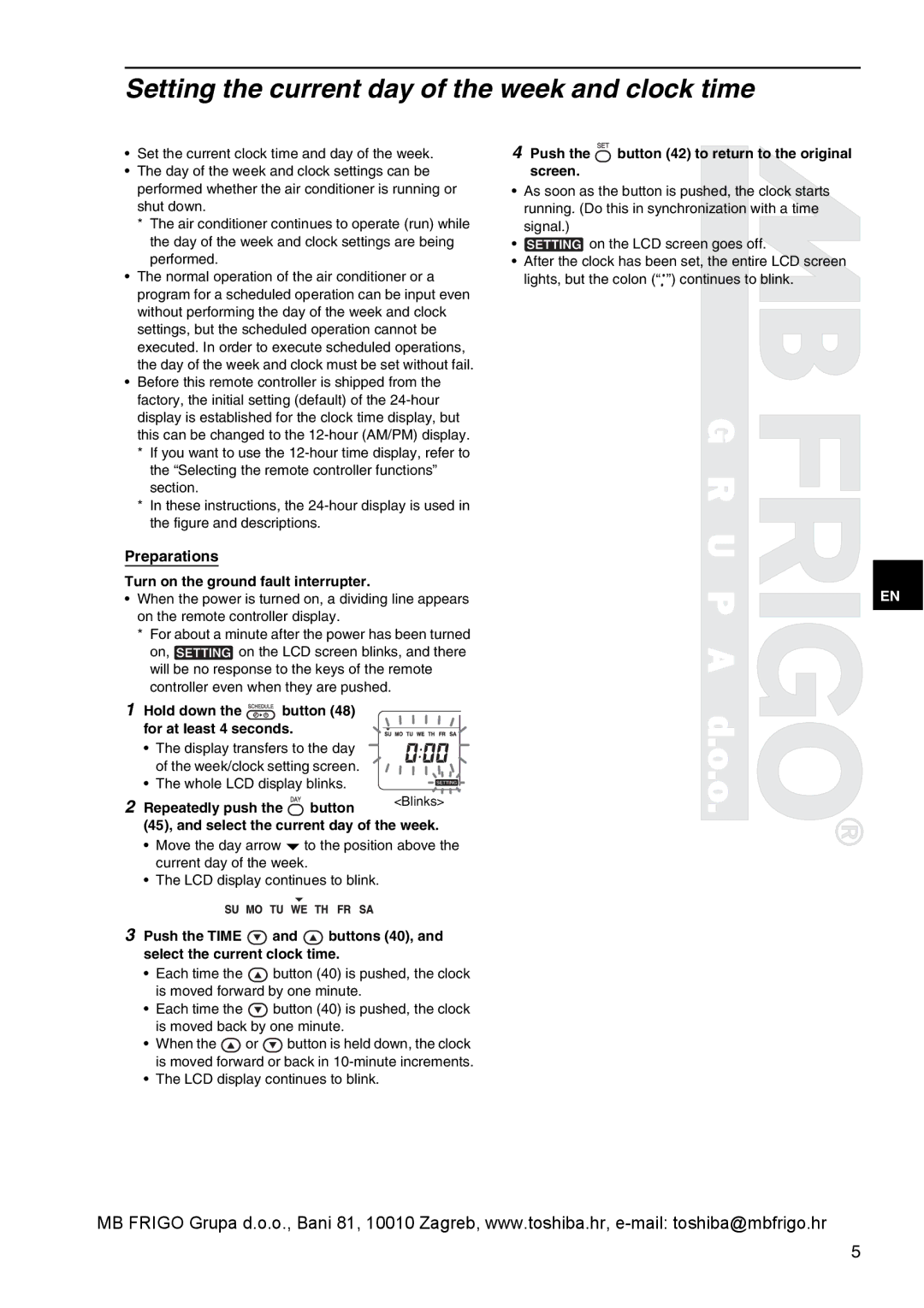 Toshiba RBC-AMS41E owner manual Setting the current day of the week and clock time 