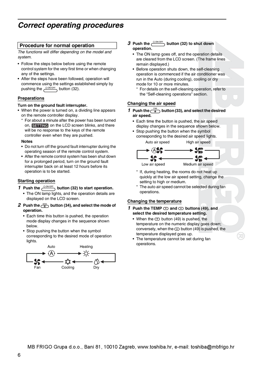 Toshiba RBC-AMS41E owner manual Correct operating procedures, Procedure for normal operation 