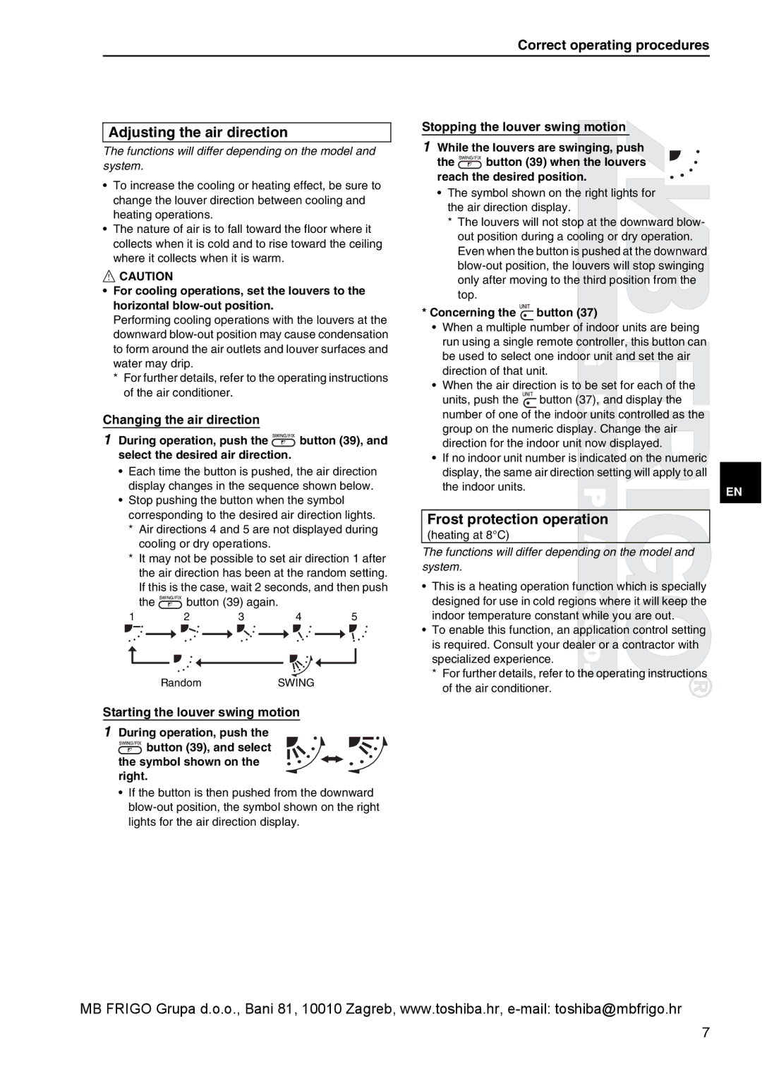 Toshiba RBC-AMS41E owner manual Correct operating procedures, Starting the louver swing motion, Symbol shown on the right 