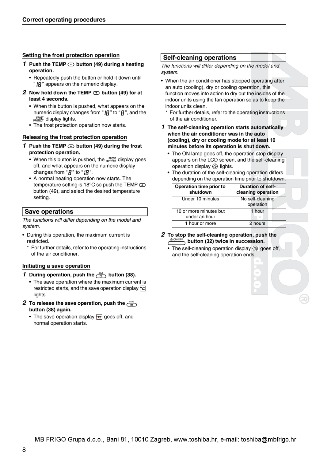 Toshiba RBC-AMS41E Save operations, Self-cleaning operations, Now hold down the Temp button 49 for at least 4 seconds 