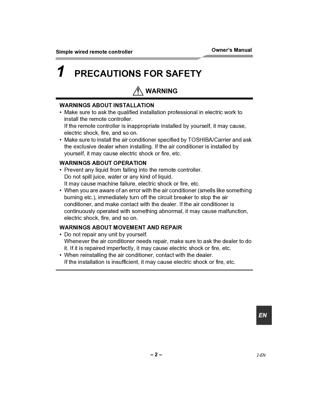 Toshiba RBC-AS21UL owner manual Precautions for Safety 