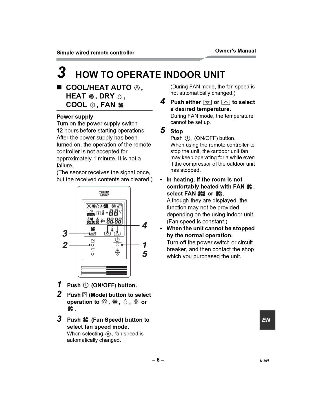 Toshiba RBC-AS21UL HOW to Operate Indoor Unit, Power supply, Push either or to select a desired temperature, Stop 