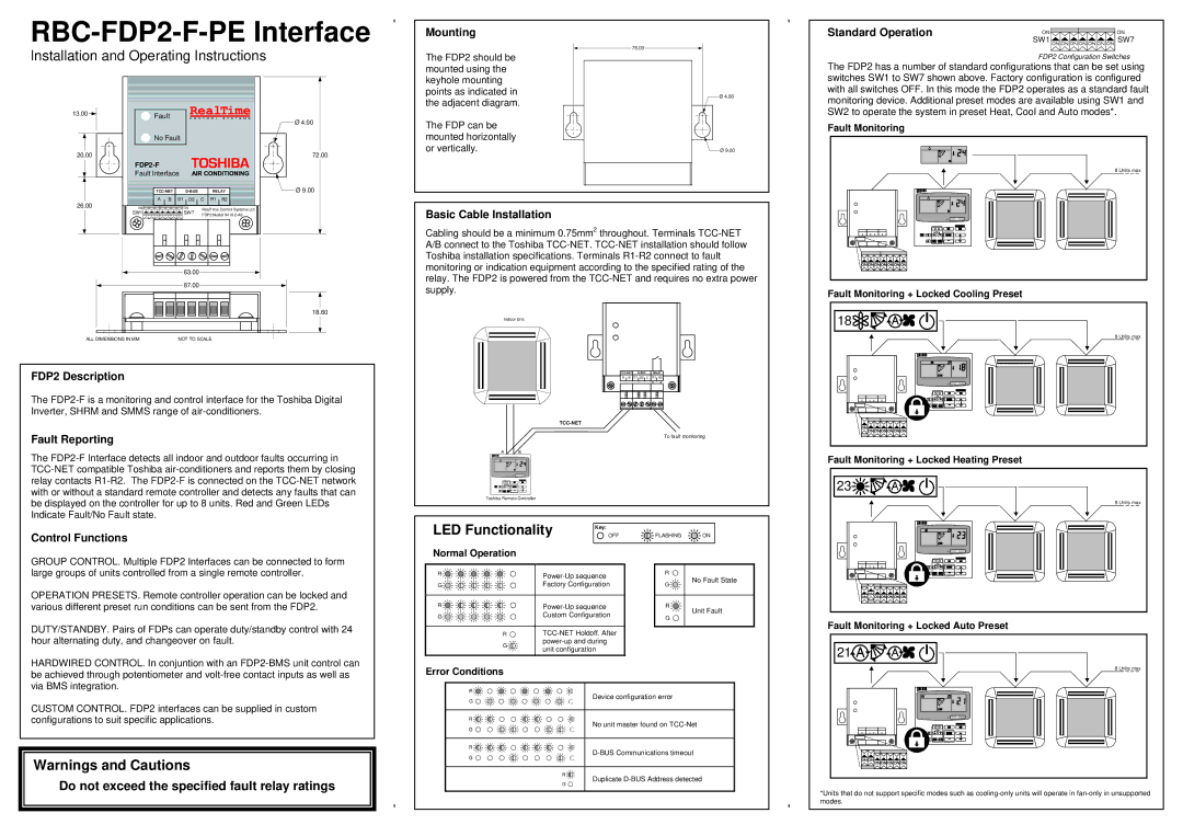 Toshiba RBC-FDP2-F-PE specifications Mounting, Standard Operation, Basic Cable Installation, FDP2 Description 