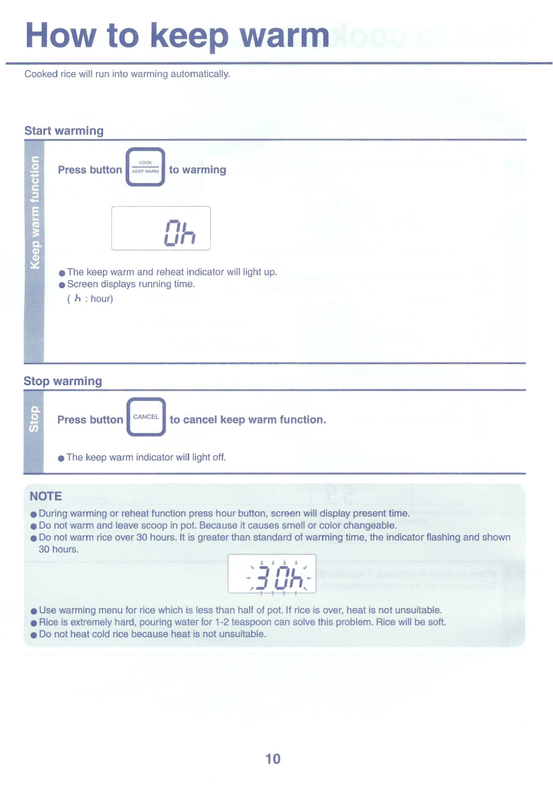 Toshiba RC-10NMF instruction manual How to keep warm, Press bunon -..Jto warming 