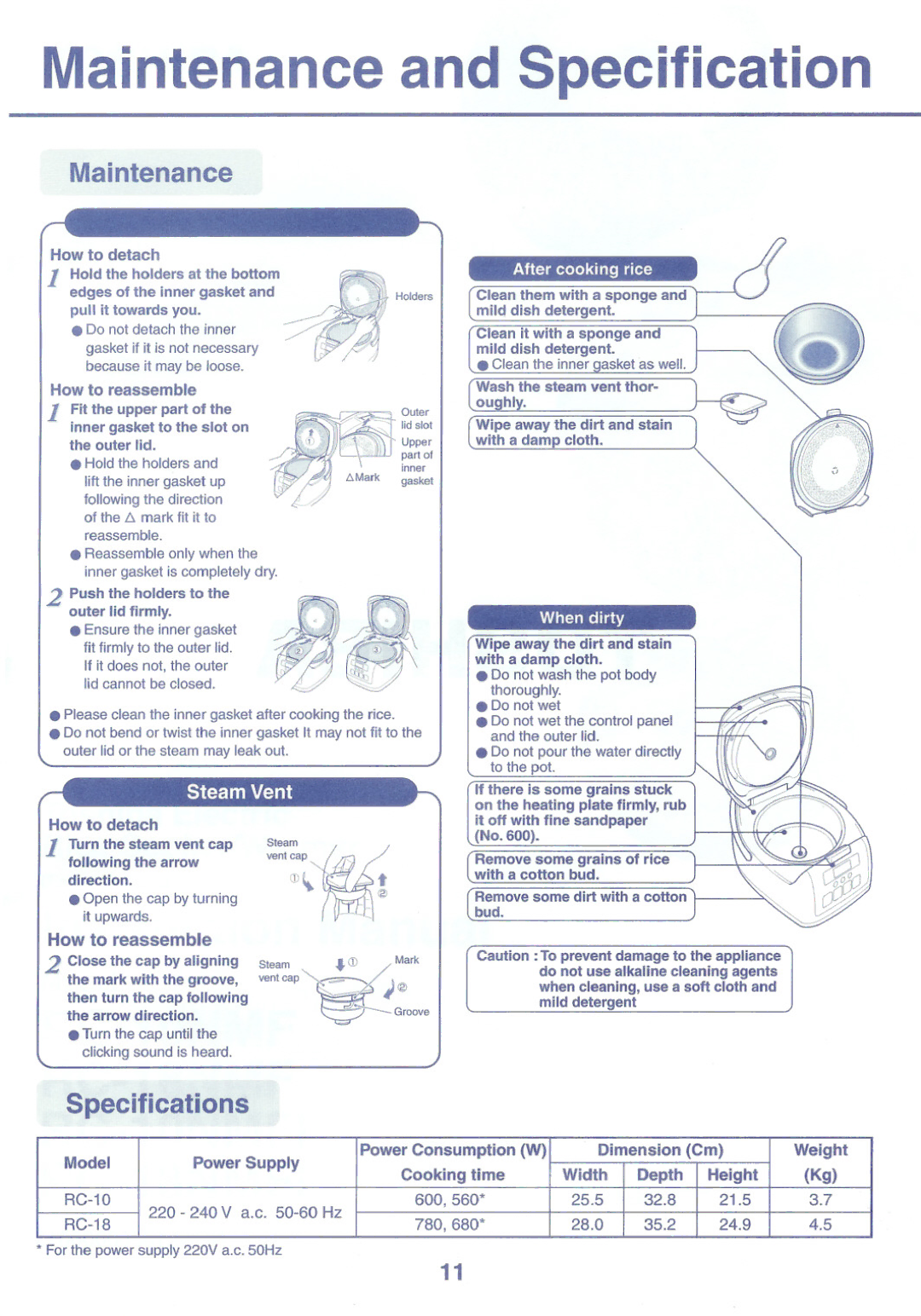 Toshiba RC-10NMF instruction manual Maintenance and Specification, Donotdetachtheinner 