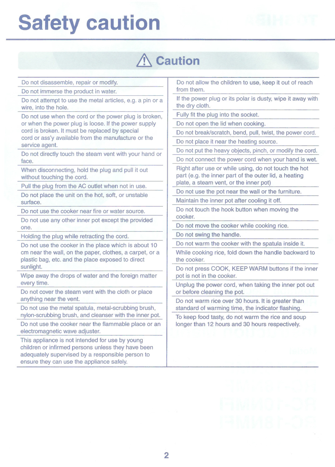 Toshiba RC-10NMF instruction manual Safety caution 