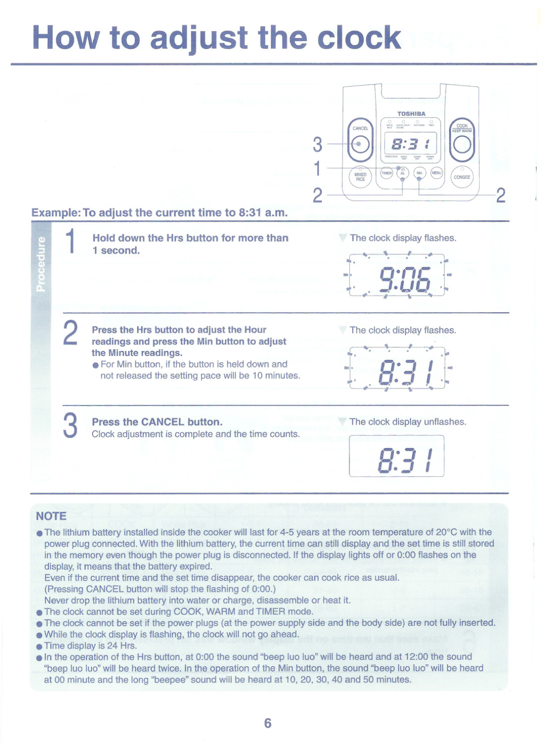 Toshiba RC-10NMF How to adjust the clock, Hold down the Hrs button for more than, Second, Press the Cancel button 