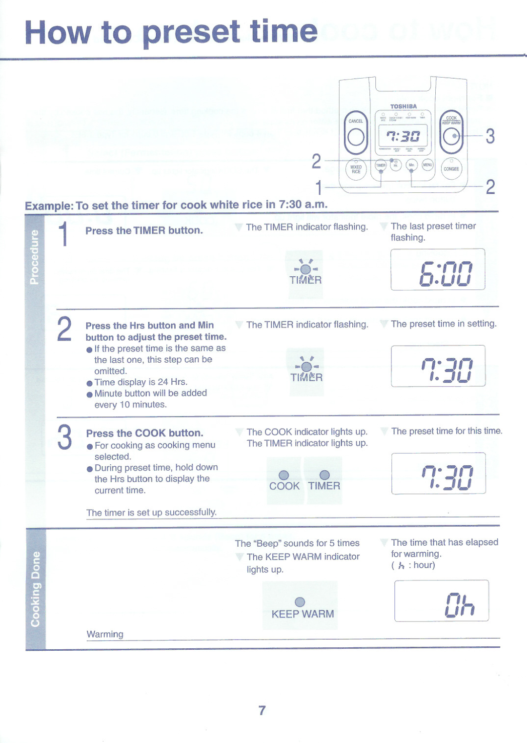 Toshiba RC-10NMF How to preset time, Press the TIMERbutton, Press the Cook button Forcookingas cookingmenu selected 