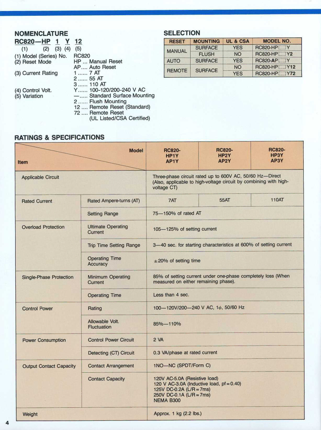 Toshiba RC820 manual Reset Mounting UL & CSA Manual Surface YES, Auto Flush, Remote Surface, HP1Y HP2Y HP3Y AP1 Y AP2Y AP3Y 