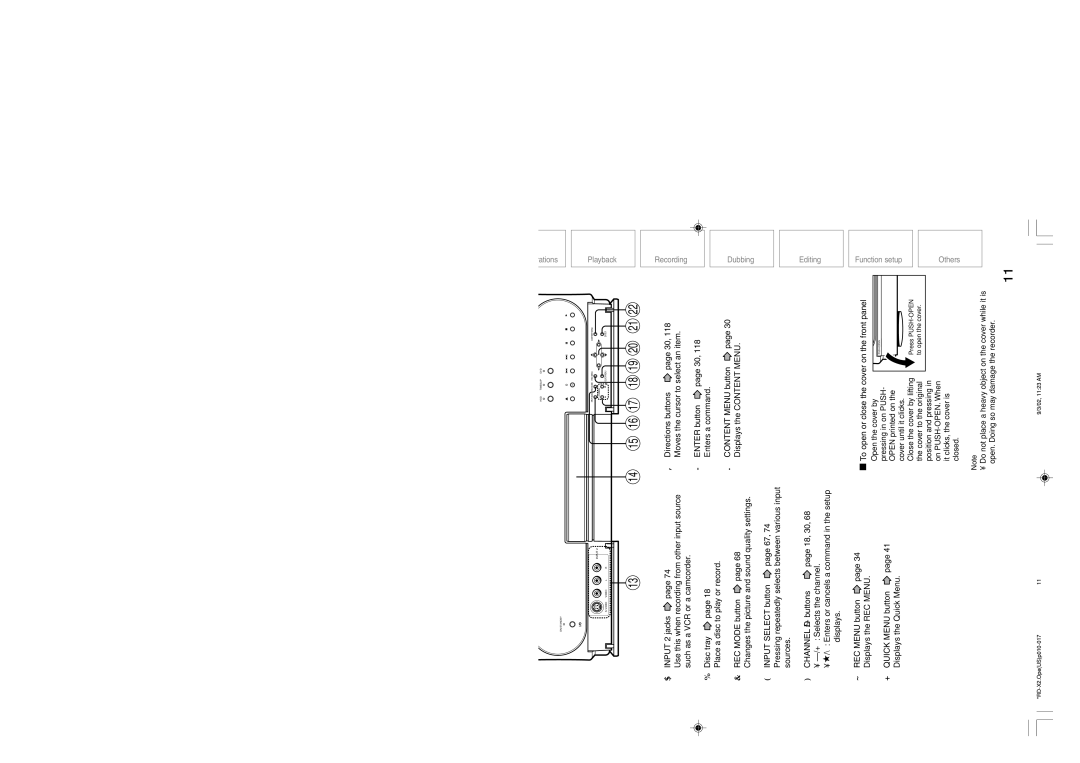 Toshiba RD-X2U Enter button page 30, Disc tray, Content Menu button, REC Mode button, Input Select button page 67 