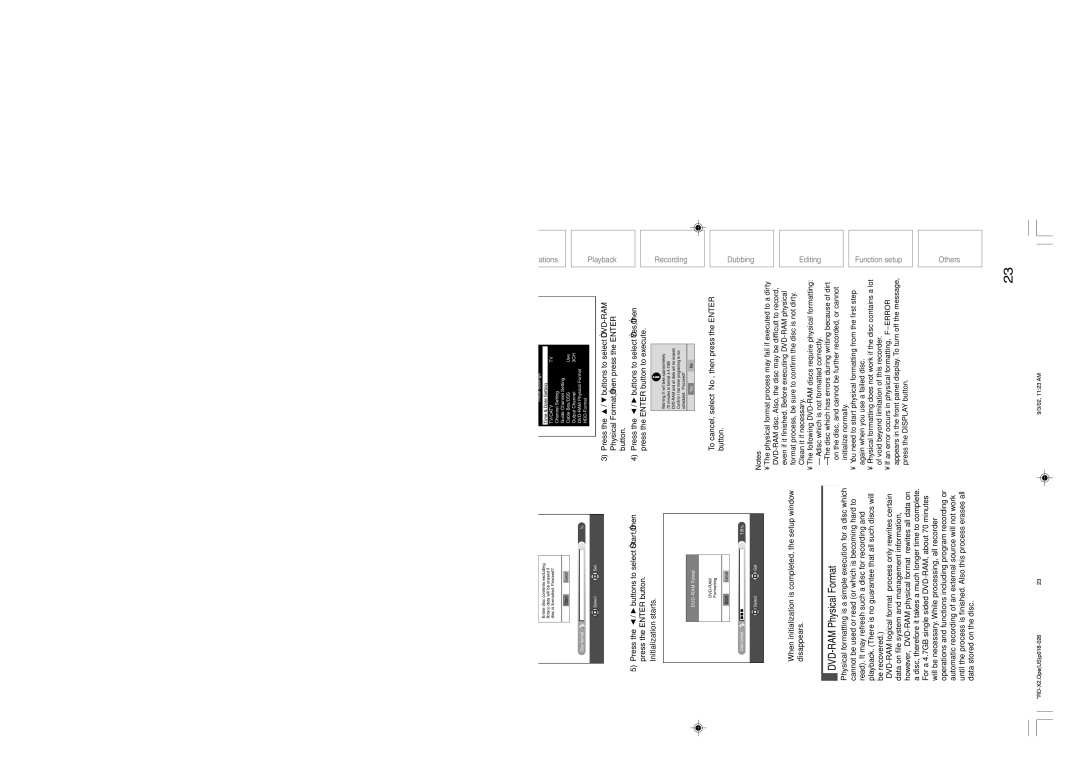 Toshiba RD-X2U owner manual DVD-RAM Physical Format, Press the Enter button, Initialization starts 