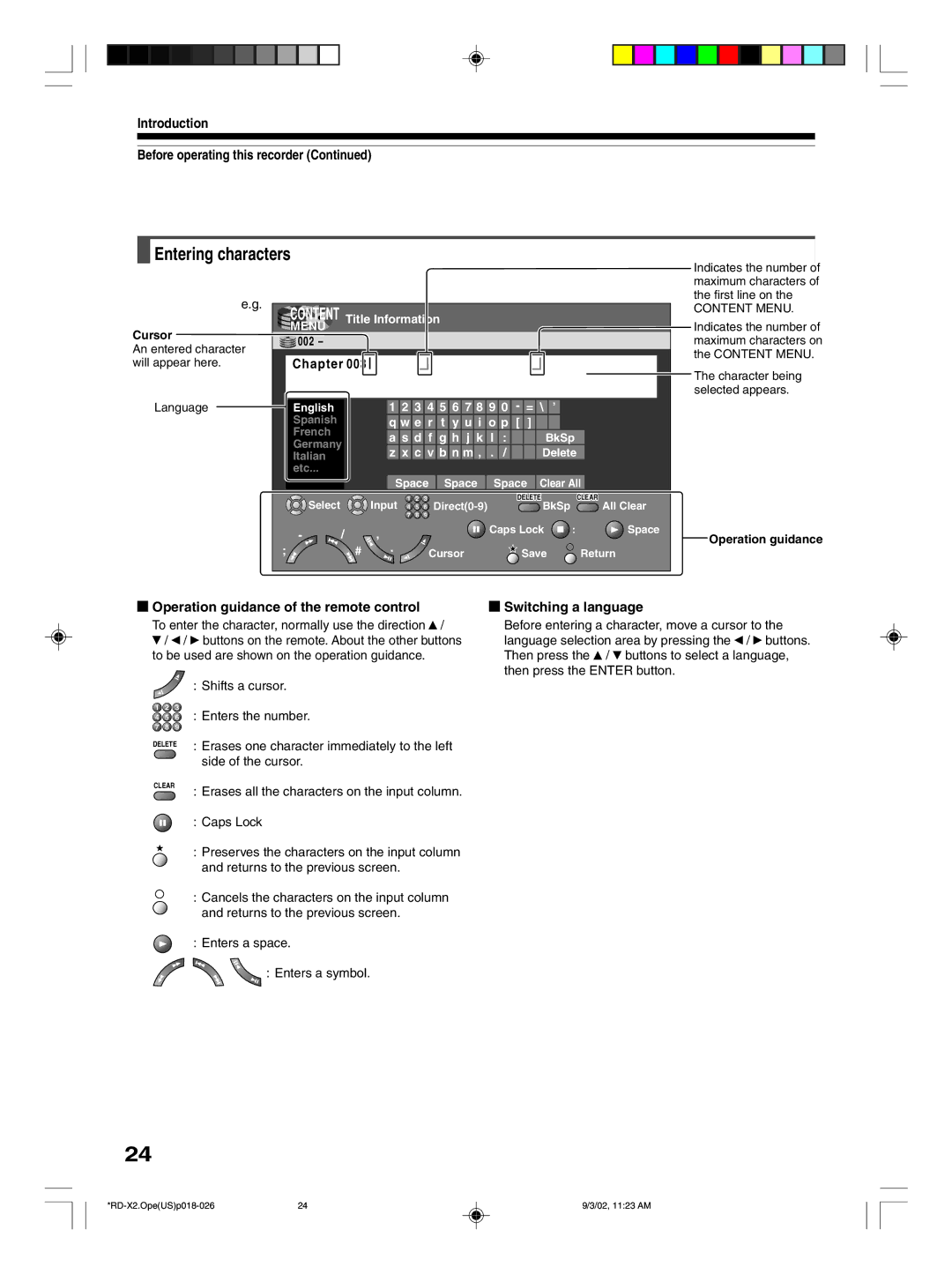 Toshiba RD-X2U owner manual Entering characters, Chapter, Operation guidance of the remote control, Switching a language 