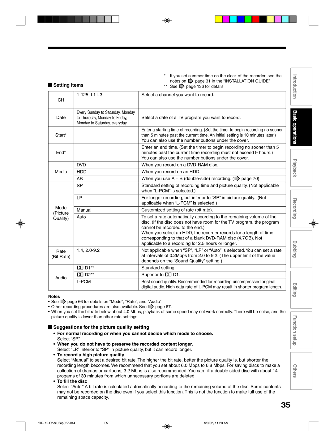 Toshiba RD-X2U owner manual Setting items, Suggestions for the picture quality setting, To record a high picture quality 