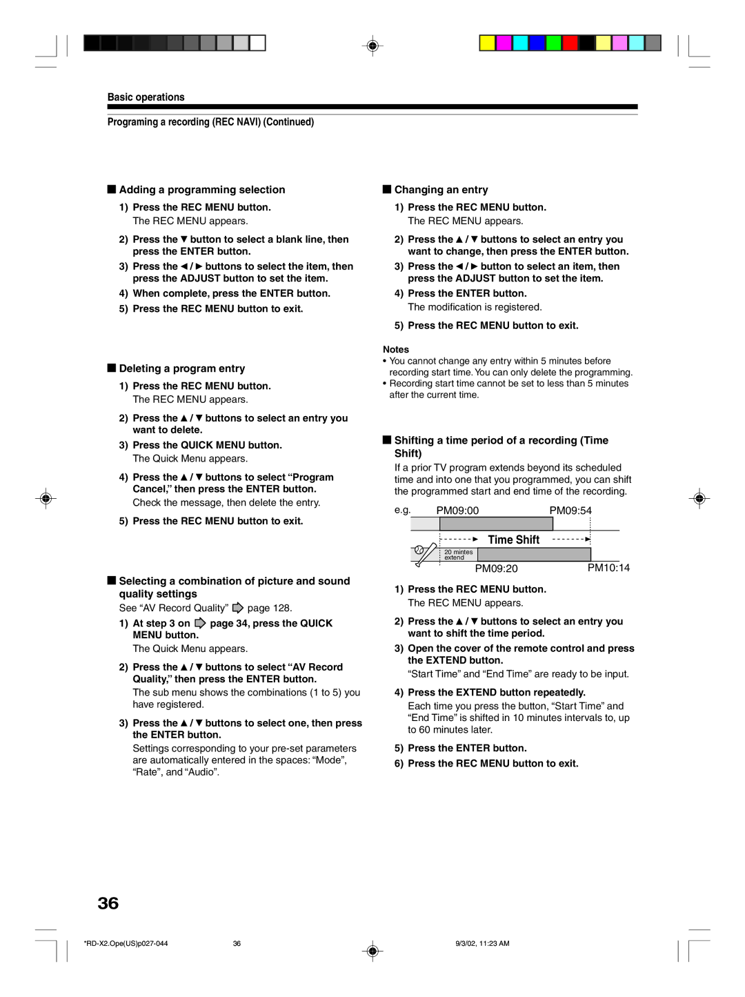 Toshiba RD-X2U owner manual Deleting a program entry, Shifting a time period of a recording Time Shift 