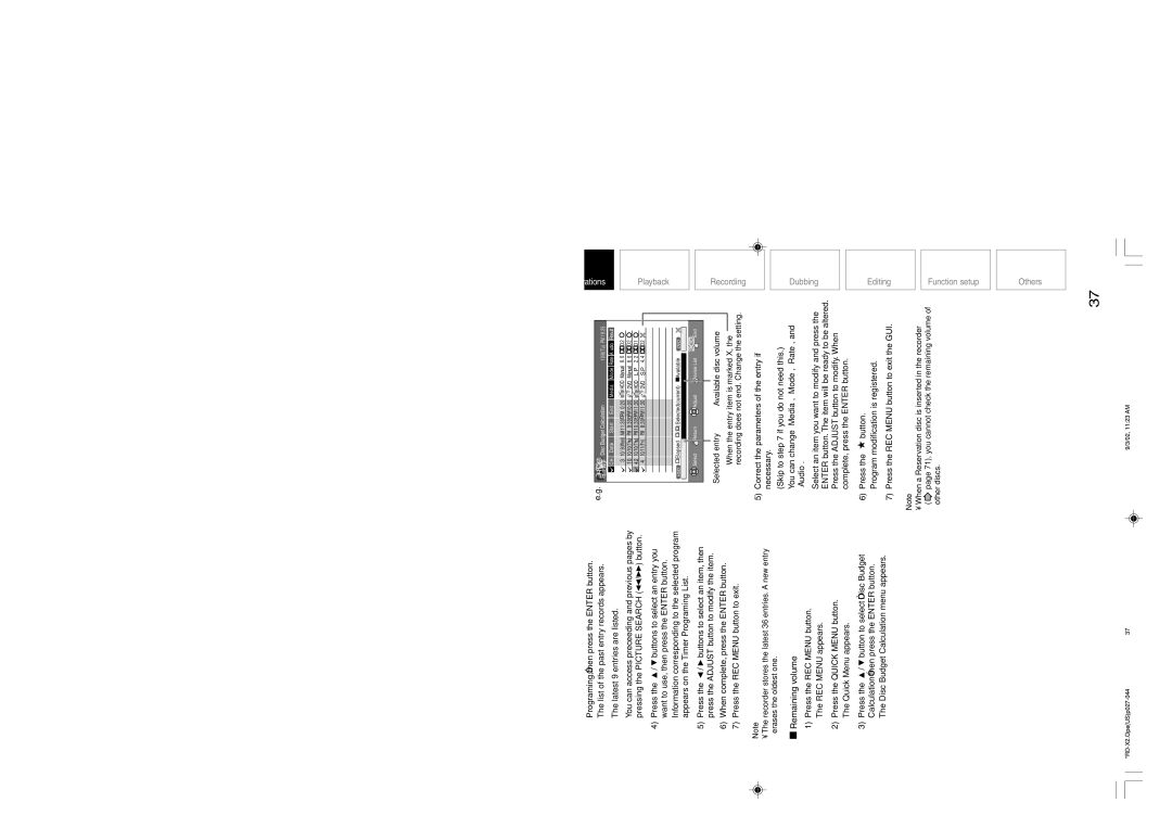 Toshiba RD-X2U owner manual Remaining volume, Press the button, Press the REC Menu button to exit the GUI 