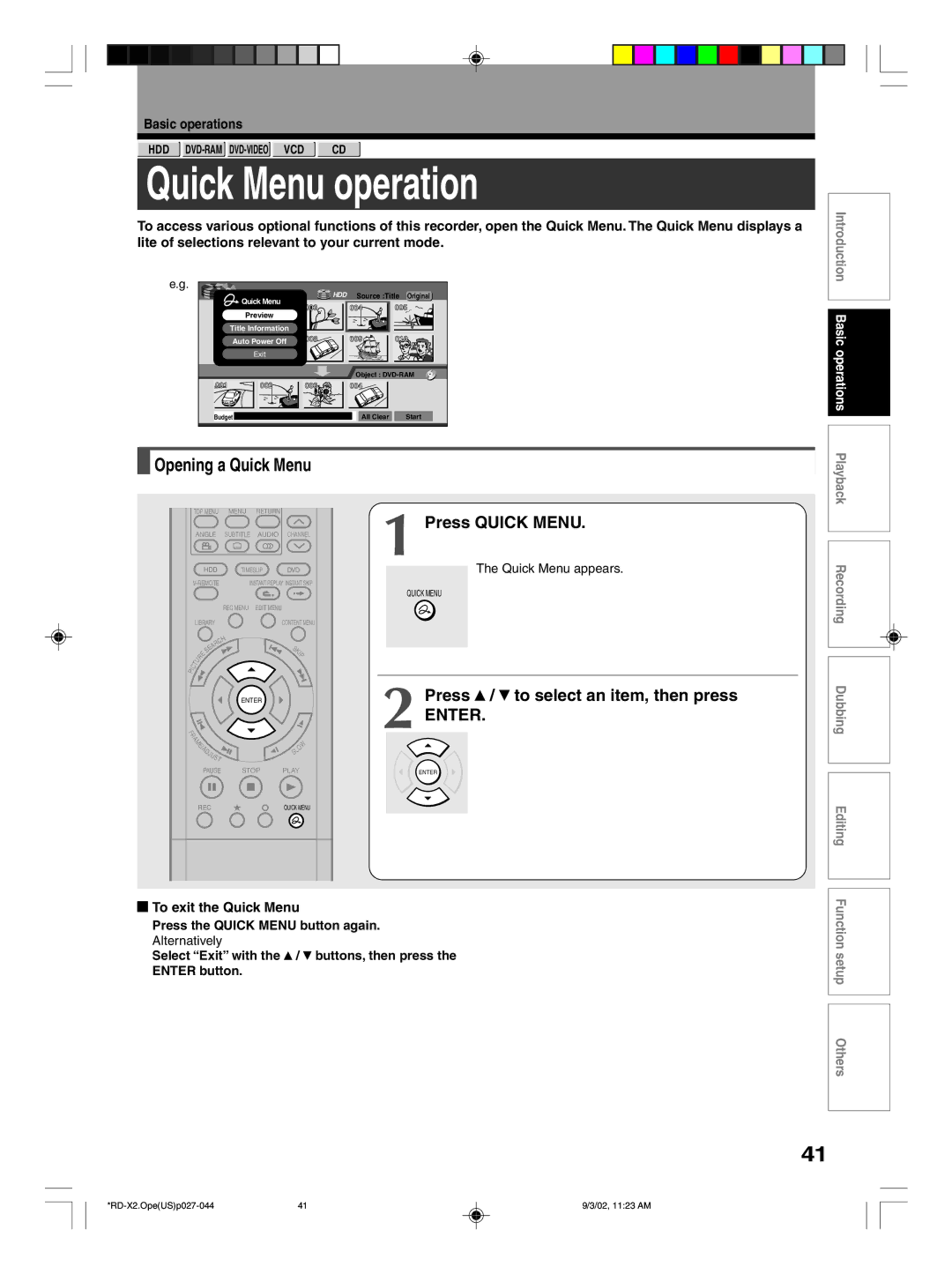 Toshiba RD-X2U Quick Menu operation, Opening a Quick Menu, To exit the Quick Menu, Press the Quick Menu button again 