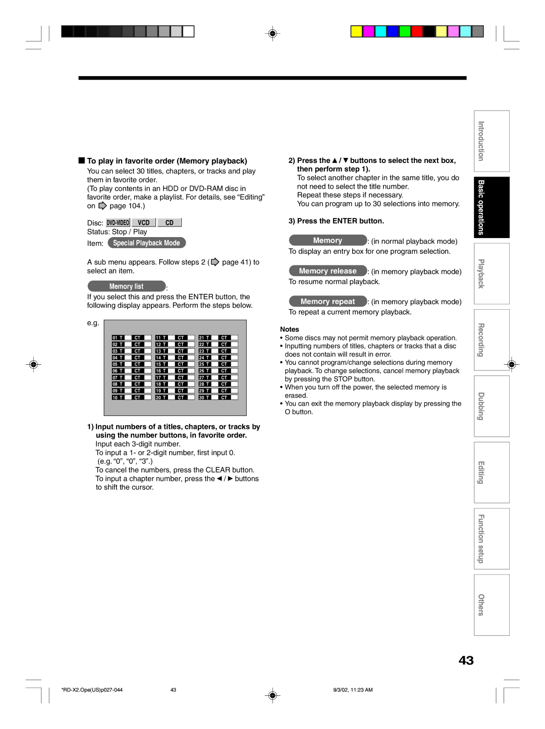 Toshiba RD-X2U owner manual To play in favorite order Memory playback, Disc DVD-VIDEO VCD CD 