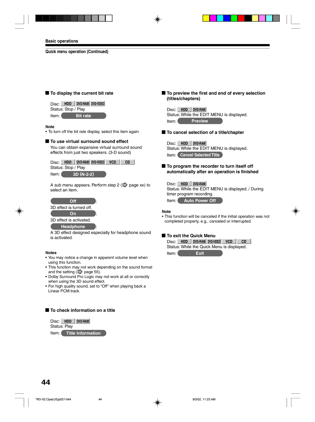 Toshiba RD-X2U owner manual To use virtual surround sound effect, To cancel selection of a title/chapter 