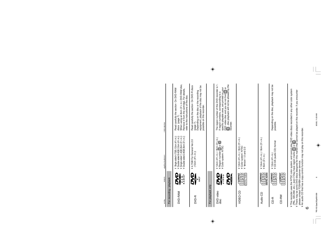 Toshiba RD-X2U owner manual Compatible discs, Disc Mark Specification Remarks For recording / playback, For playback only 