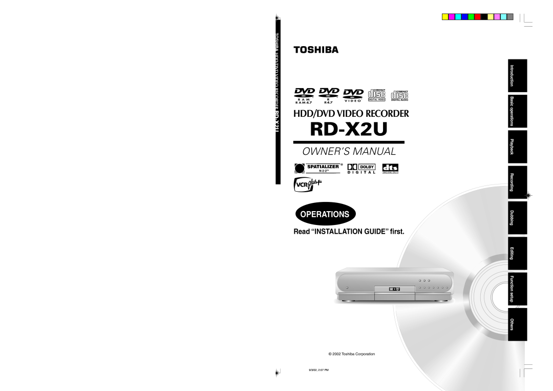 Toshiba RD-X2U owner manual Read “INSTALLATION GUIDE” first, Hdd/Dvd Video Recorder, Operations, 9/3/02, 2 07 PM 