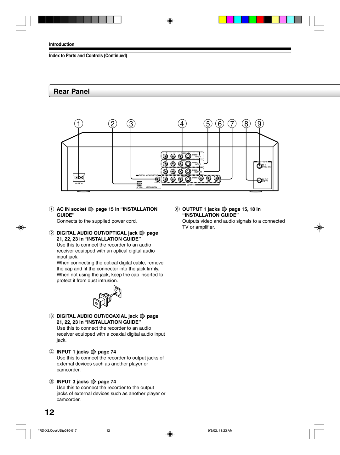 Toshiba RD-X2U Rear Panel, Index to Parts and Controls Continued, AC IN socket, page 15 in “INSTALLATION, OUTPUT 1 jacks 