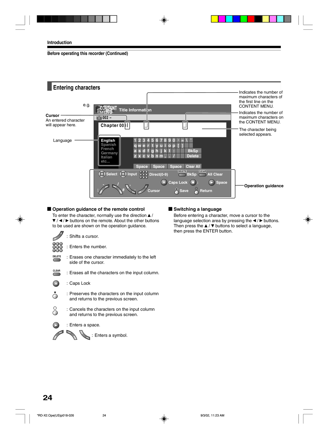 Toshiba RD-X2U Entering characters, Chapter, Operation guidance of the remote control, Switching a language, Introduction 