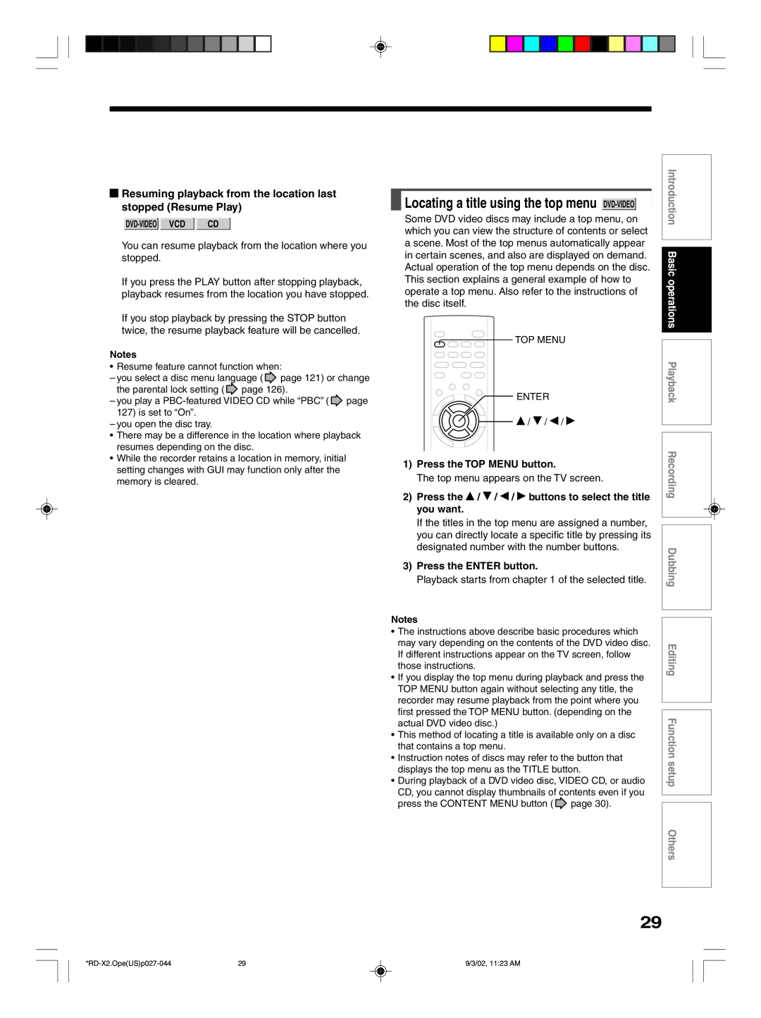 Toshiba RD-X2U owner manual Locating a title using the top menu DVD-VIDEO, Dvd-Videovcd Cd, 1Press the TOP MENU button 