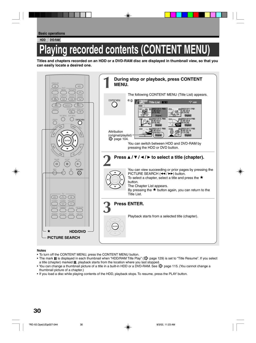 Toshiba RD-X2U owner manual During stop or playback, press CONTENT MENU, Press / / / to select a title chapter, Press ENTER 