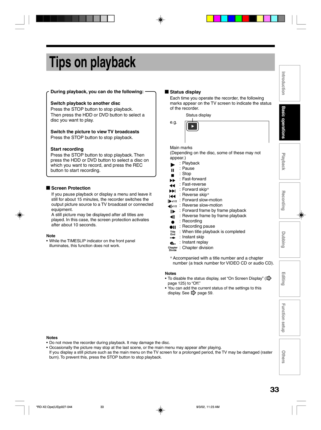 Toshiba RD-X2U owner manual Tips on playback, During playback, you can do the following, Switch playback to another disc 