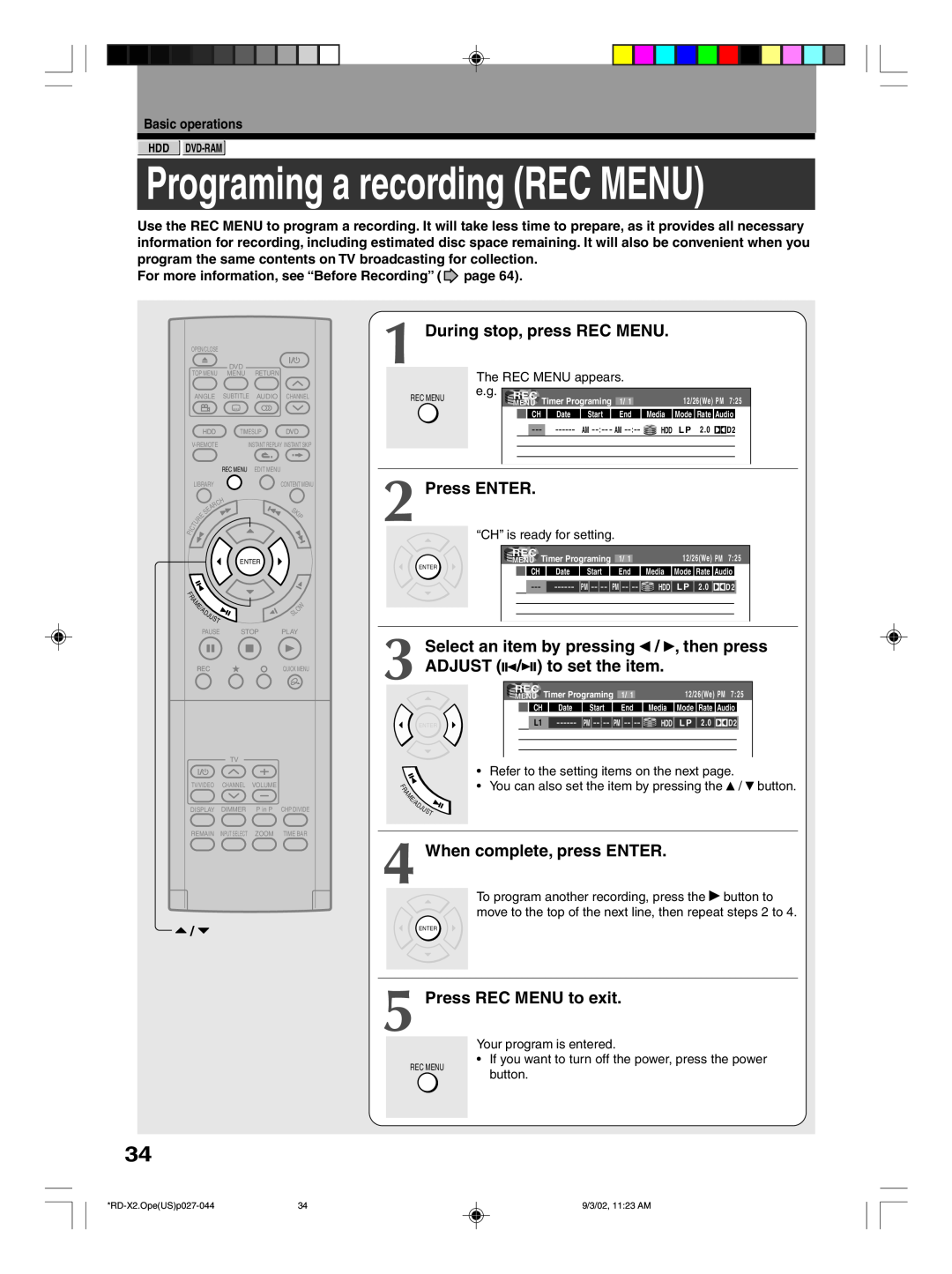Toshiba RD-X2U Programing a recording REC MENU, During stop, press REC MENU, Press ENTER, Select an item by pressing, Date 