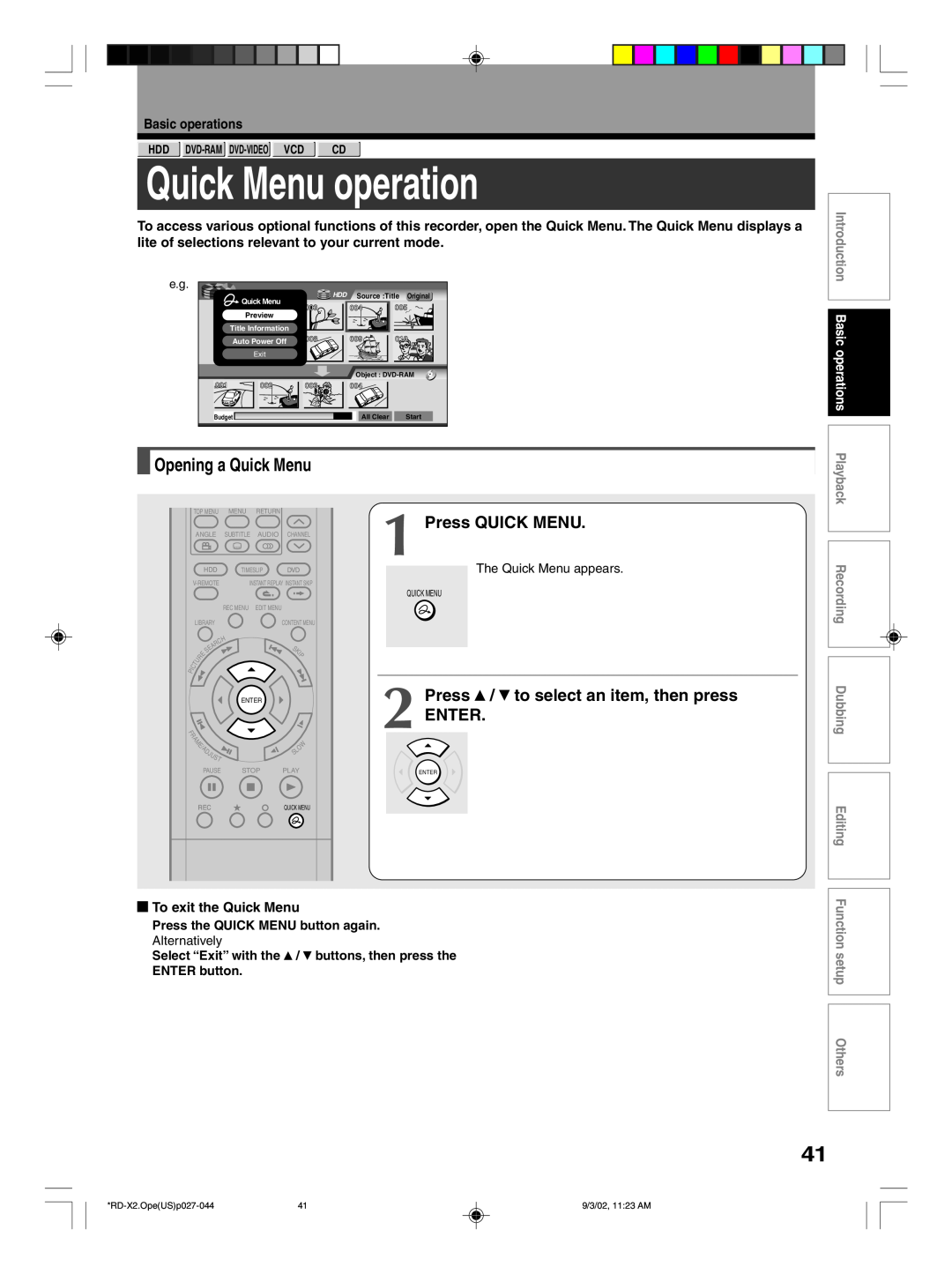 Toshiba RD-X2U Quick Menu operation, Opening a Quick Menu, Press QUICK MENU, Press / to select an item, then press ENTER 