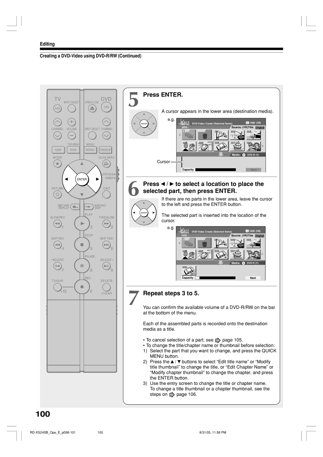 Toshiba RD-XS24SB owner manual 100, Repeat steps 3 to, Editing Creating a DVD-Video using DVD-R/RW 