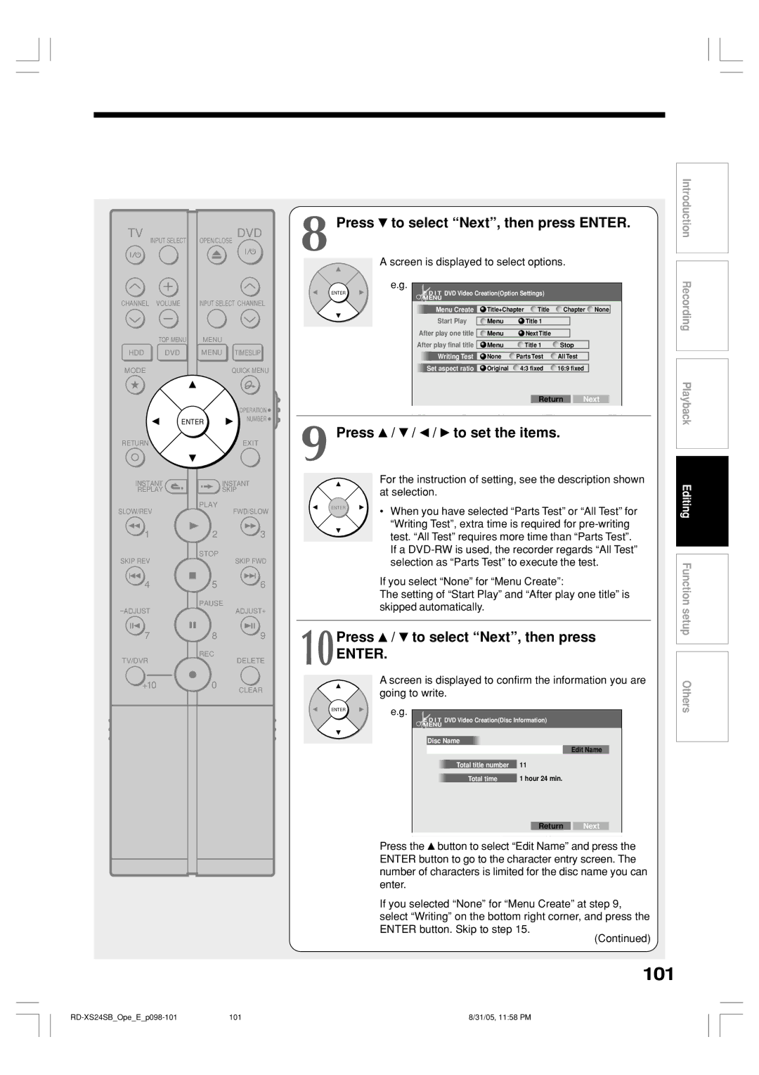 Toshiba RD-XS24SB owner manual 101, To set the items, Press To select Next, then press 