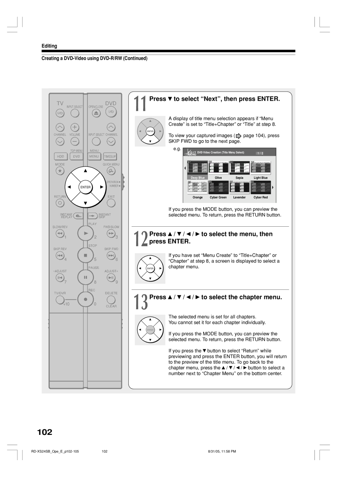 Toshiba RD-XS24SB 102, 11Press to select Next, then press Enter, 12Press / / / to select the menu, then press Enter 