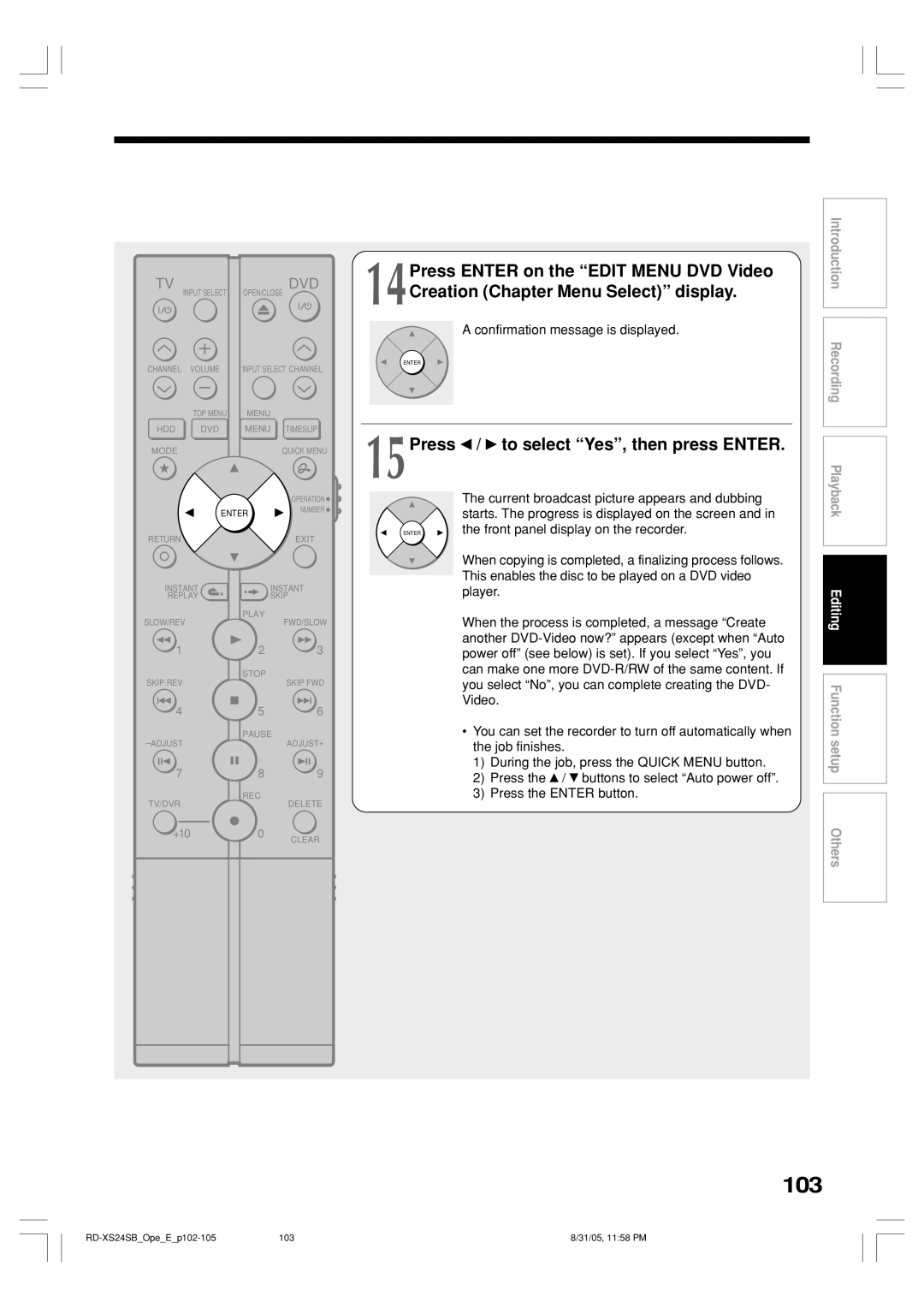 Toshiba RD-XS24SB owner manual 103, 15Press To select Yes, then press Enter 