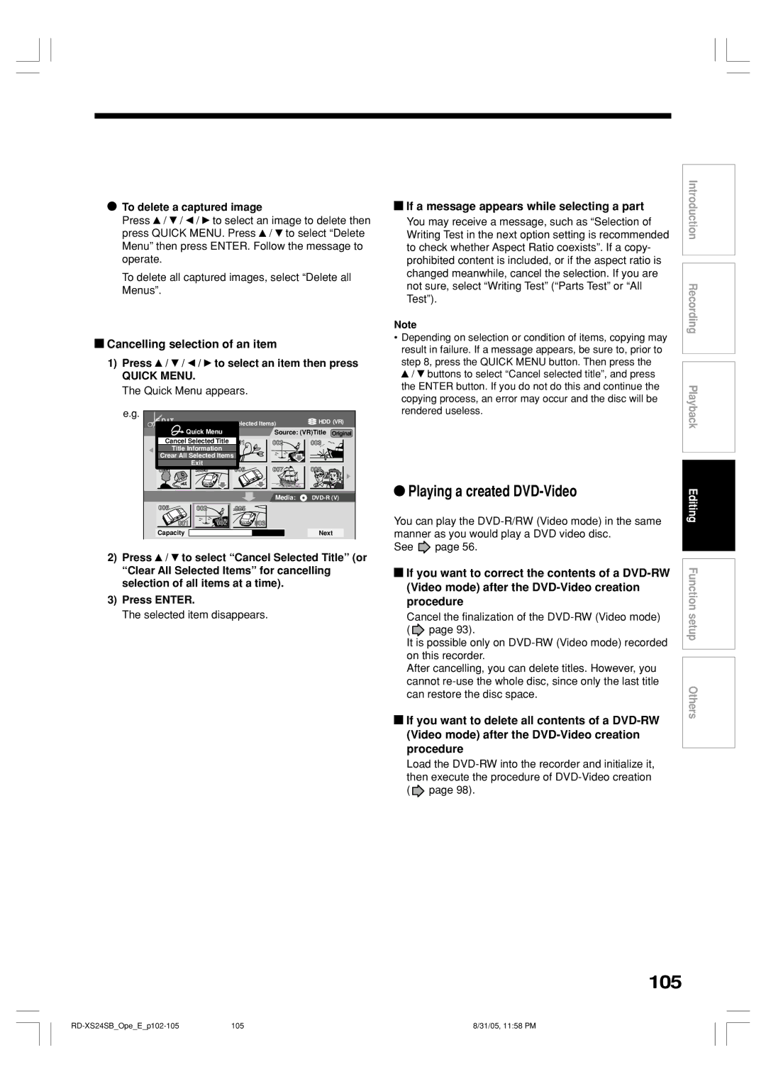 Toshiba RD-XS24SB owner manual 105, Playing a created DVD-Video, Cancelling selection of an item 