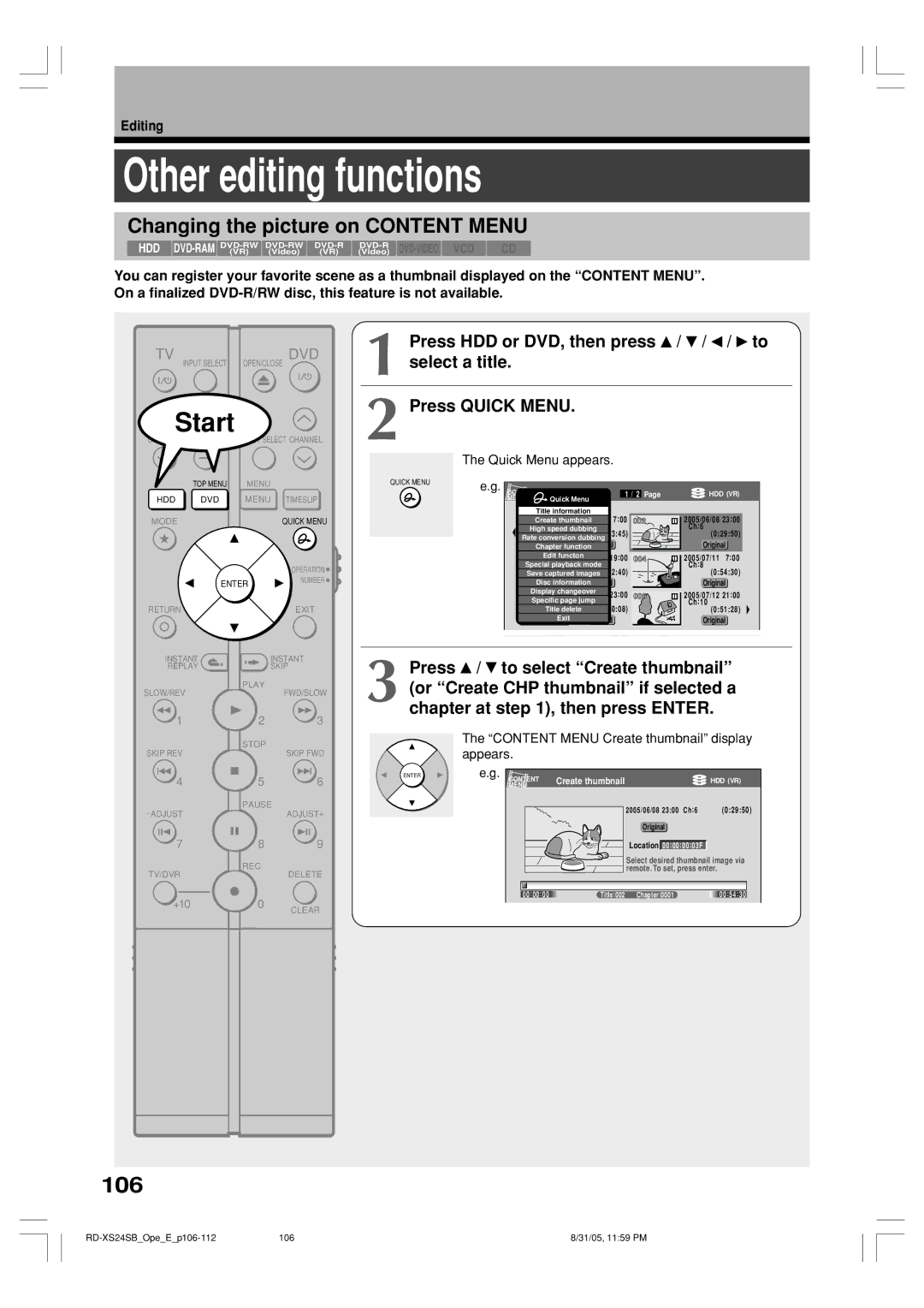 Toshiba RD-XS24SB owner manual Other editing functions, 106, Changing the picture on Content Menu 