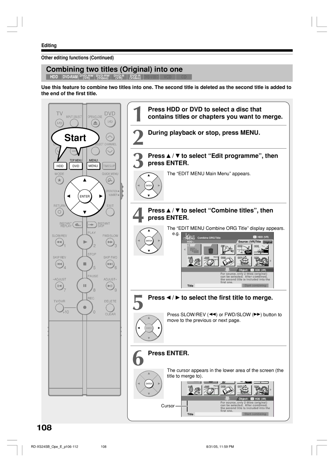 Toshiba RD-XS24SB 108, Combining two titles Original into one, Press / to select Combine titles, then press Enter 