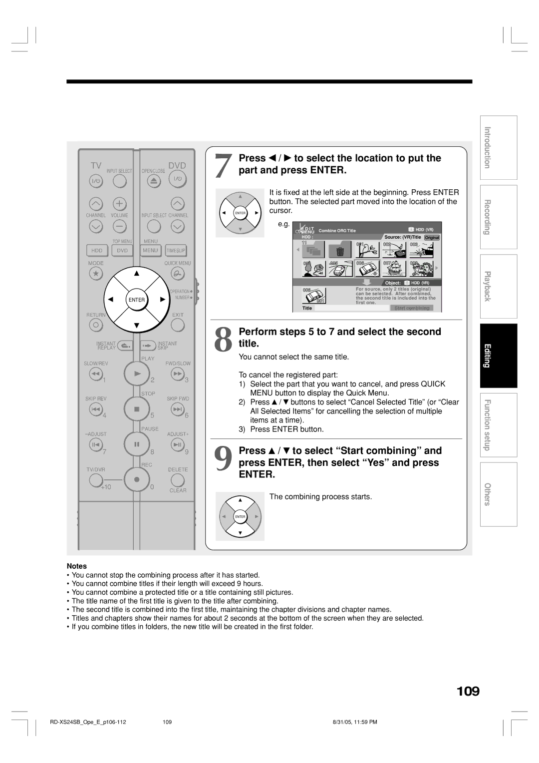 Toshiba RD-XS24SB owner manual 109, Perform steps 5 to 7 and select the second title, Combining process starts 