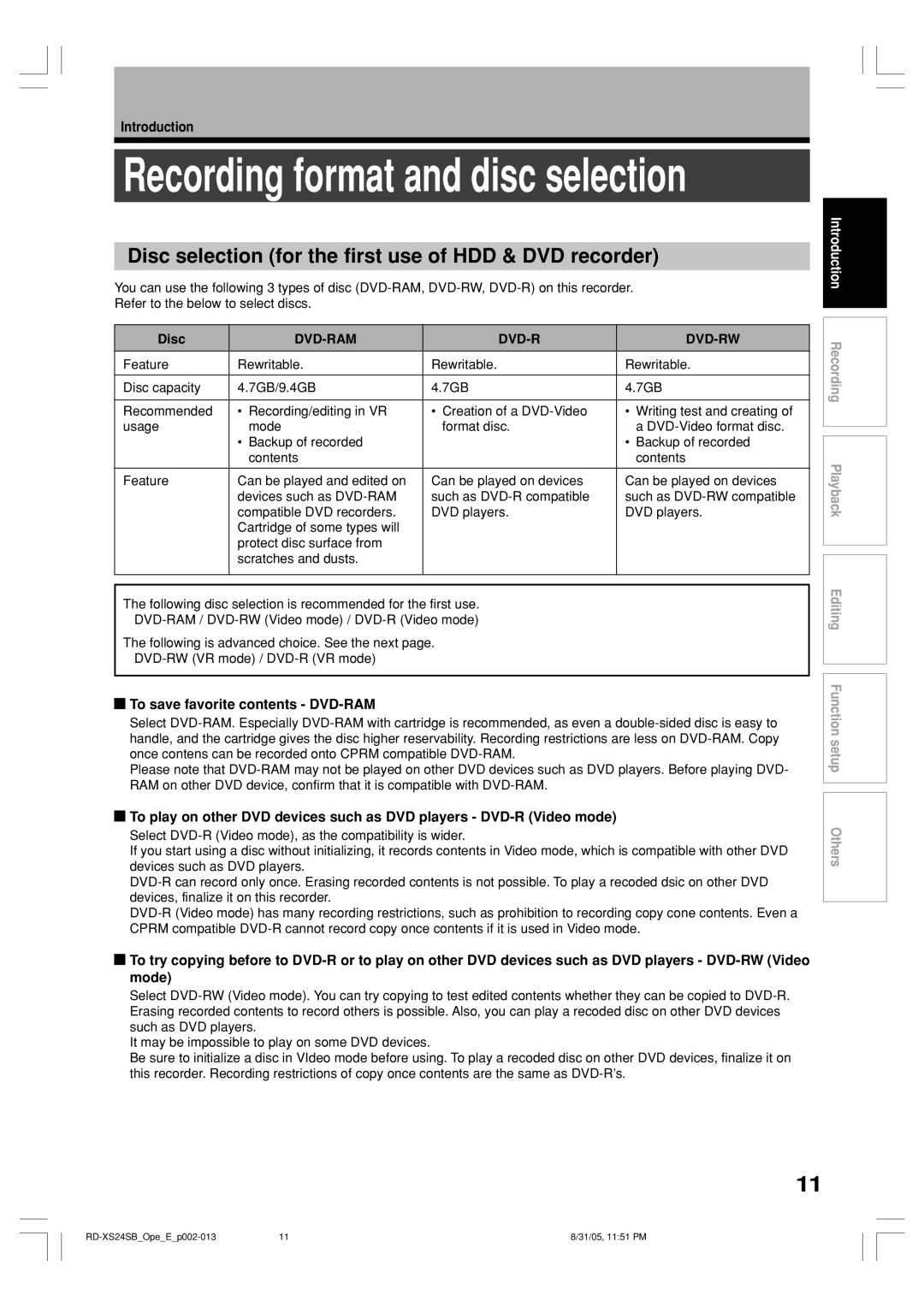 Toshiba RD-XS24SB owner manual Disc selection for the first use of HDD & DVD recorder, To save favorite contents DVD-RAM 