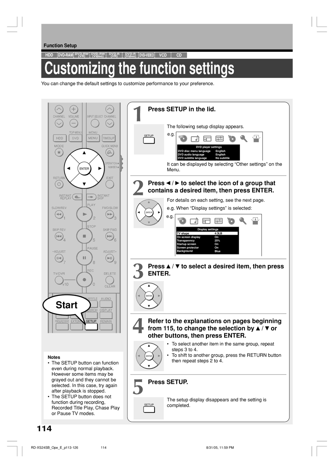 Toshiba RD-XS24SB owner manual Customizing the function settings, 114, Press Setup in the lid 