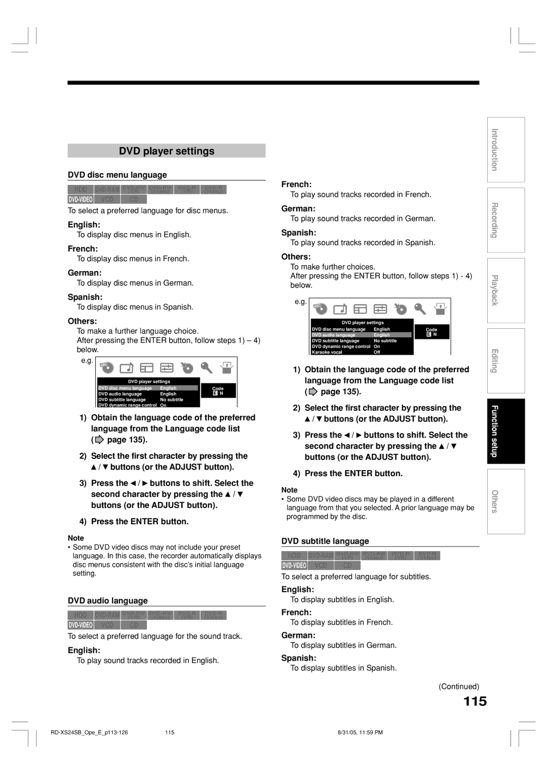 Toshiba RD-XS24SB owner manual 115, DVD player settings 