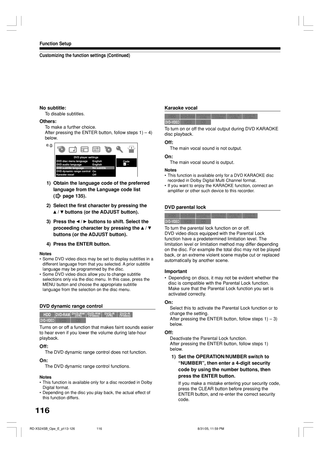 Toshiba RD-XS24SB 116, Function Setup Customizing the function settings, Off, DVD parental lock, DVD dynamic range control 