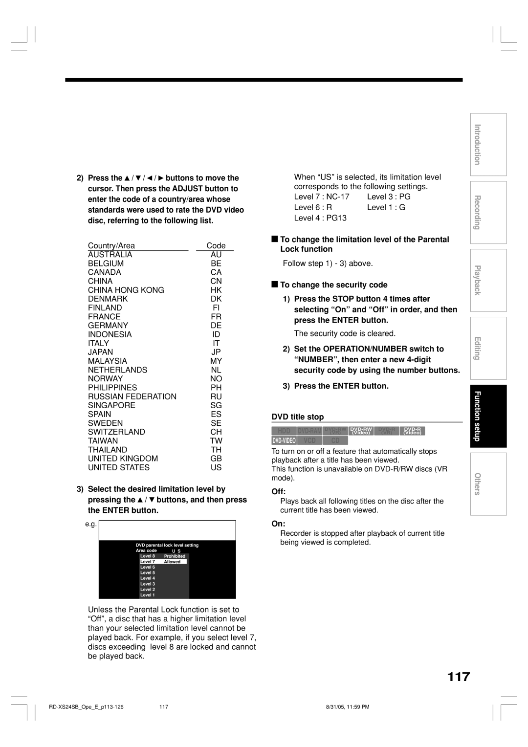 Toshiba RD-XS24SB owner manual 117, Set the OPERATION/NUMBER switch to, DVD title stop, Code, Mode 