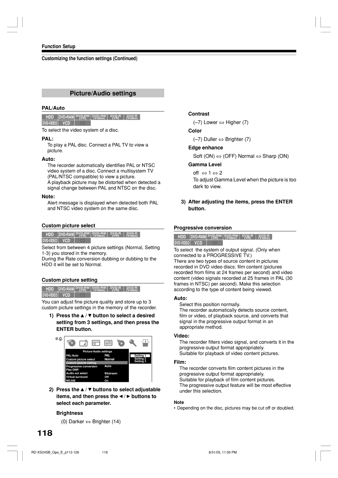 Toshiba RD-XS24SB owner manual 118, Picture/Audio settings 