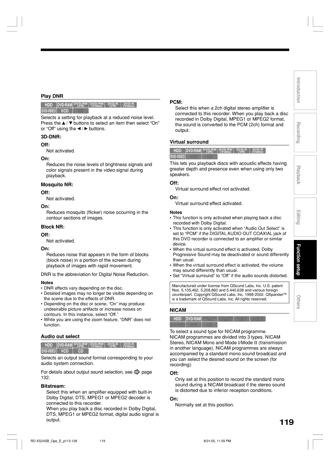 Toshiba RD-XS24SB owner manual Play DNR, Mosquito NR Off, Block NR Off, Audio out select, Bitstream, Virtual surround 