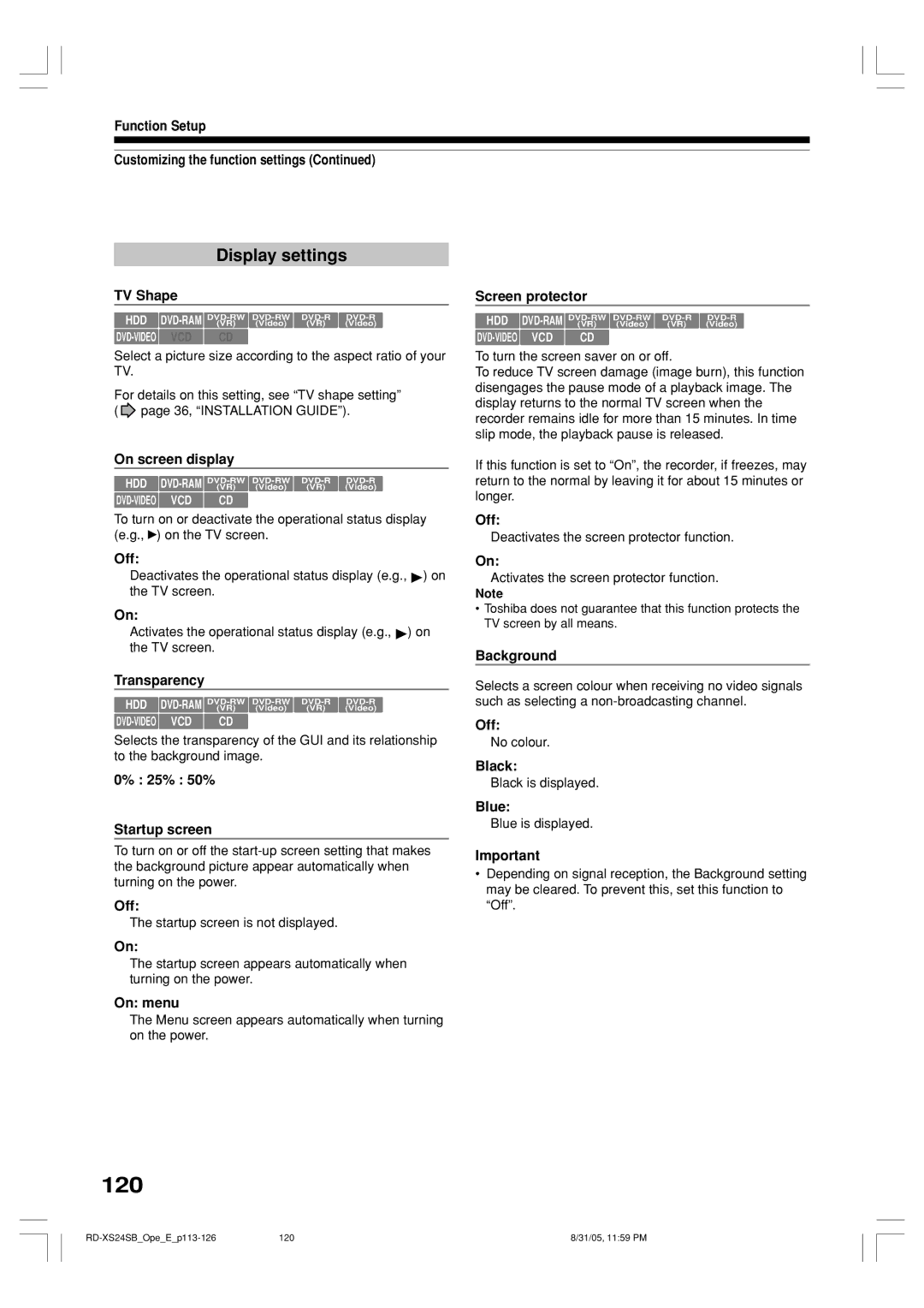 Toshiba RD-XS24SB owner manual 120, Display settings 