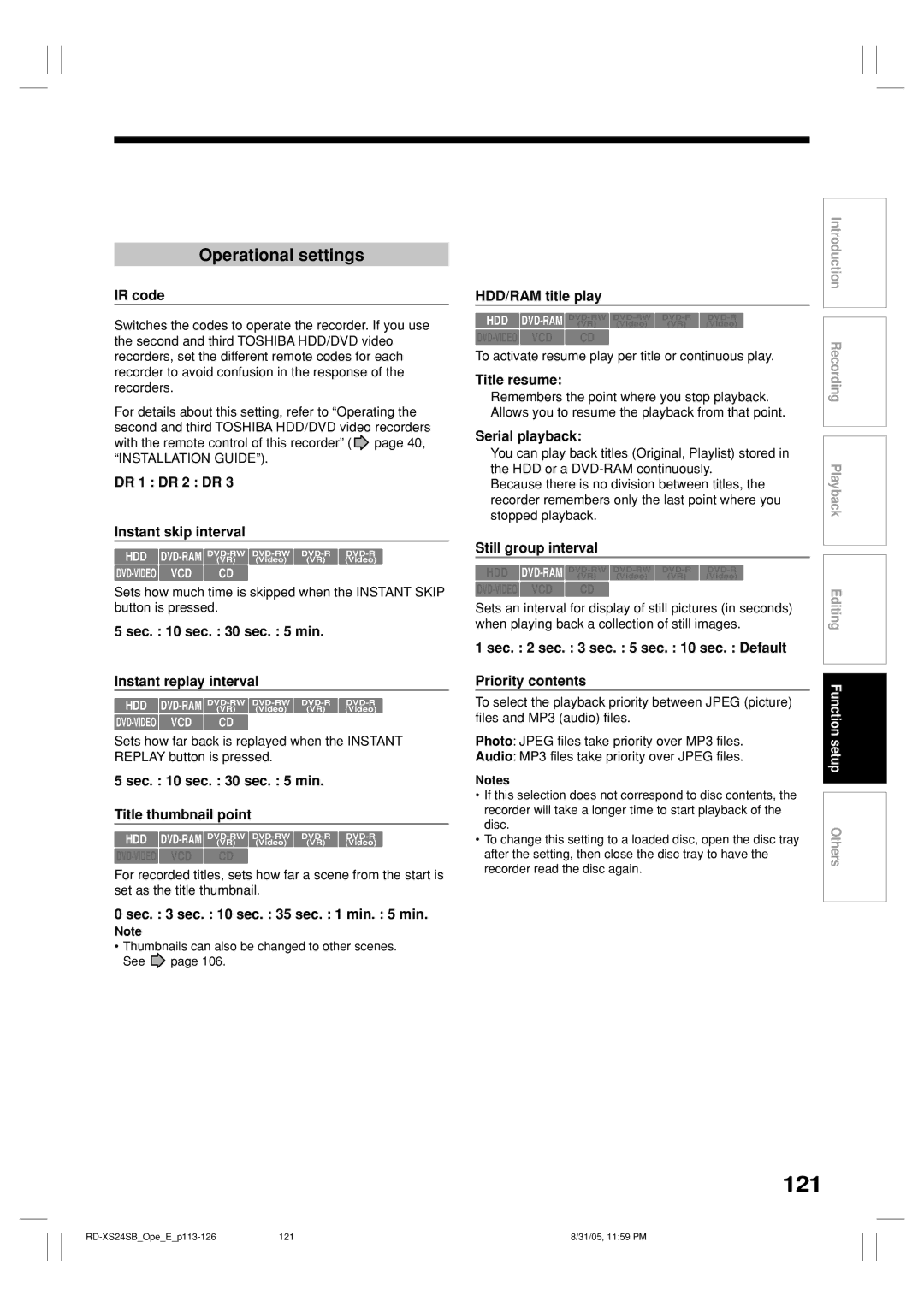 Toshiba RD-XS24SB owner manual 121, Operational settings 