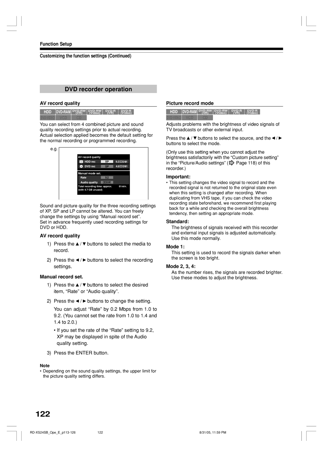 Toshiba RD-XS24SB owner manual 122, DVD recorder operation 